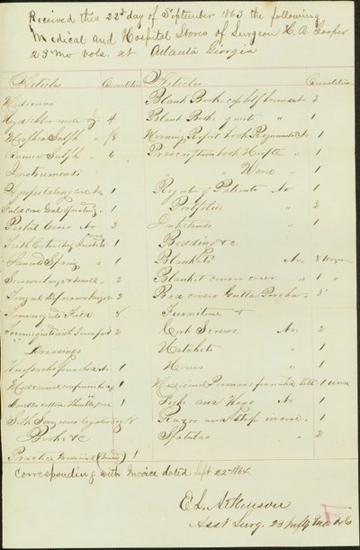 Receipt of Medical and Hospital Stores by Edward S. Atkinson